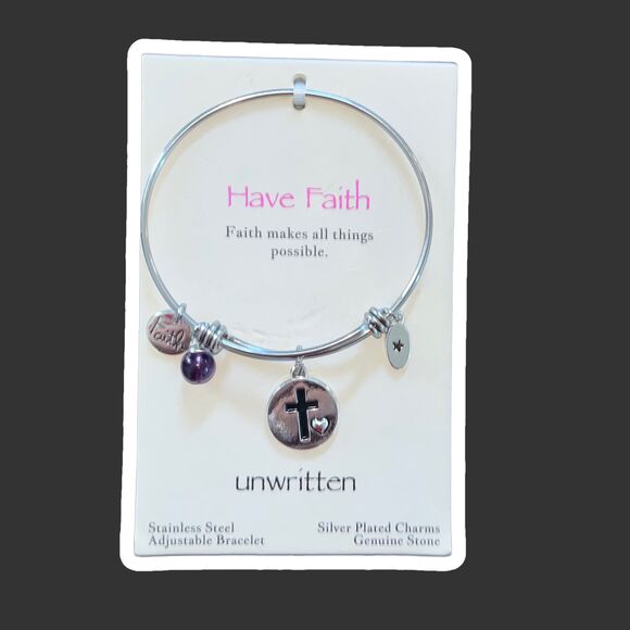 unwritten “Have Faith” Stainless Steel Adjustable Bracelet with Silver Plated Ch - Picture 1 of 5